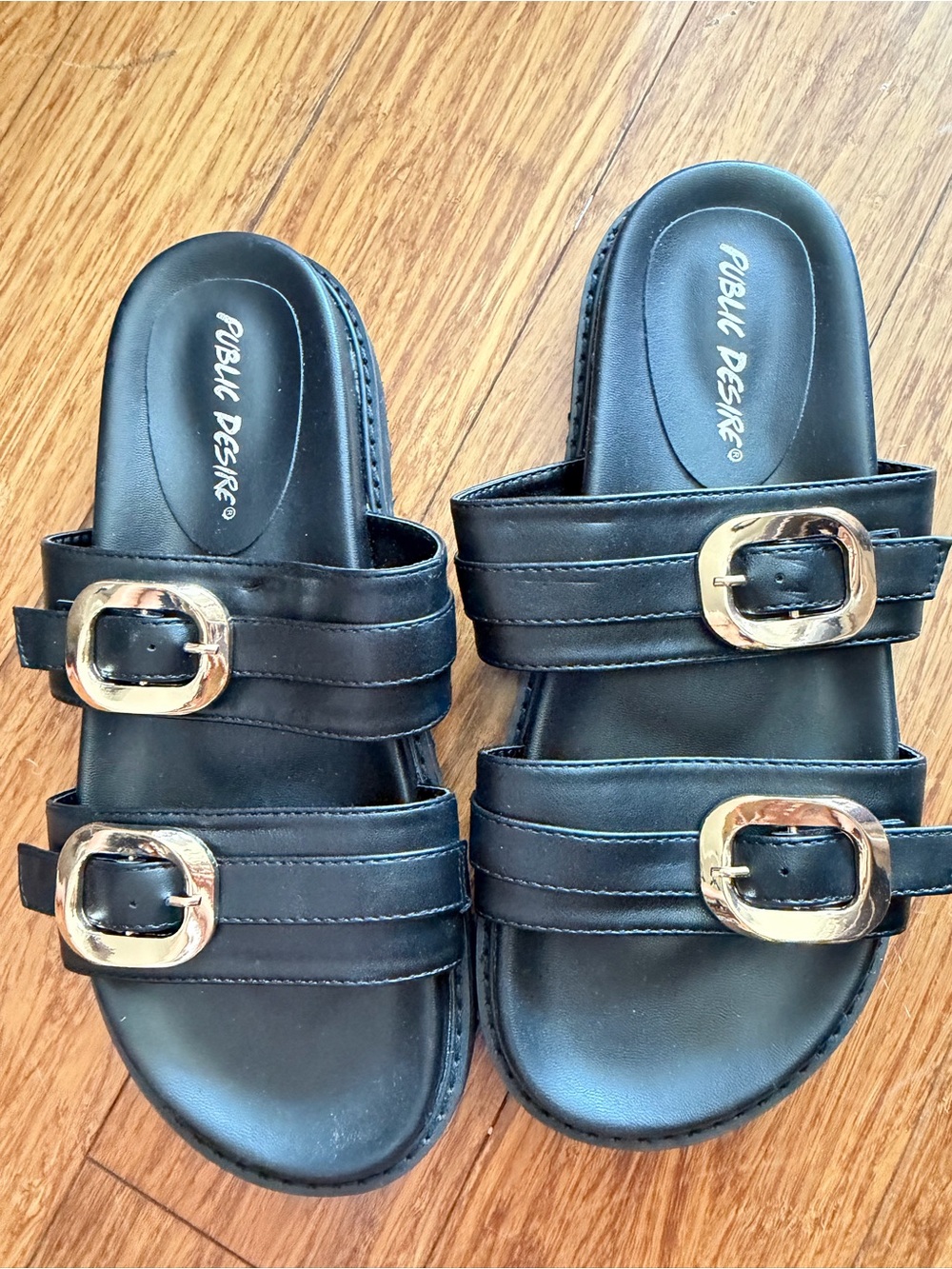 Public Desire Black Slide Sandals with Gold Buckles